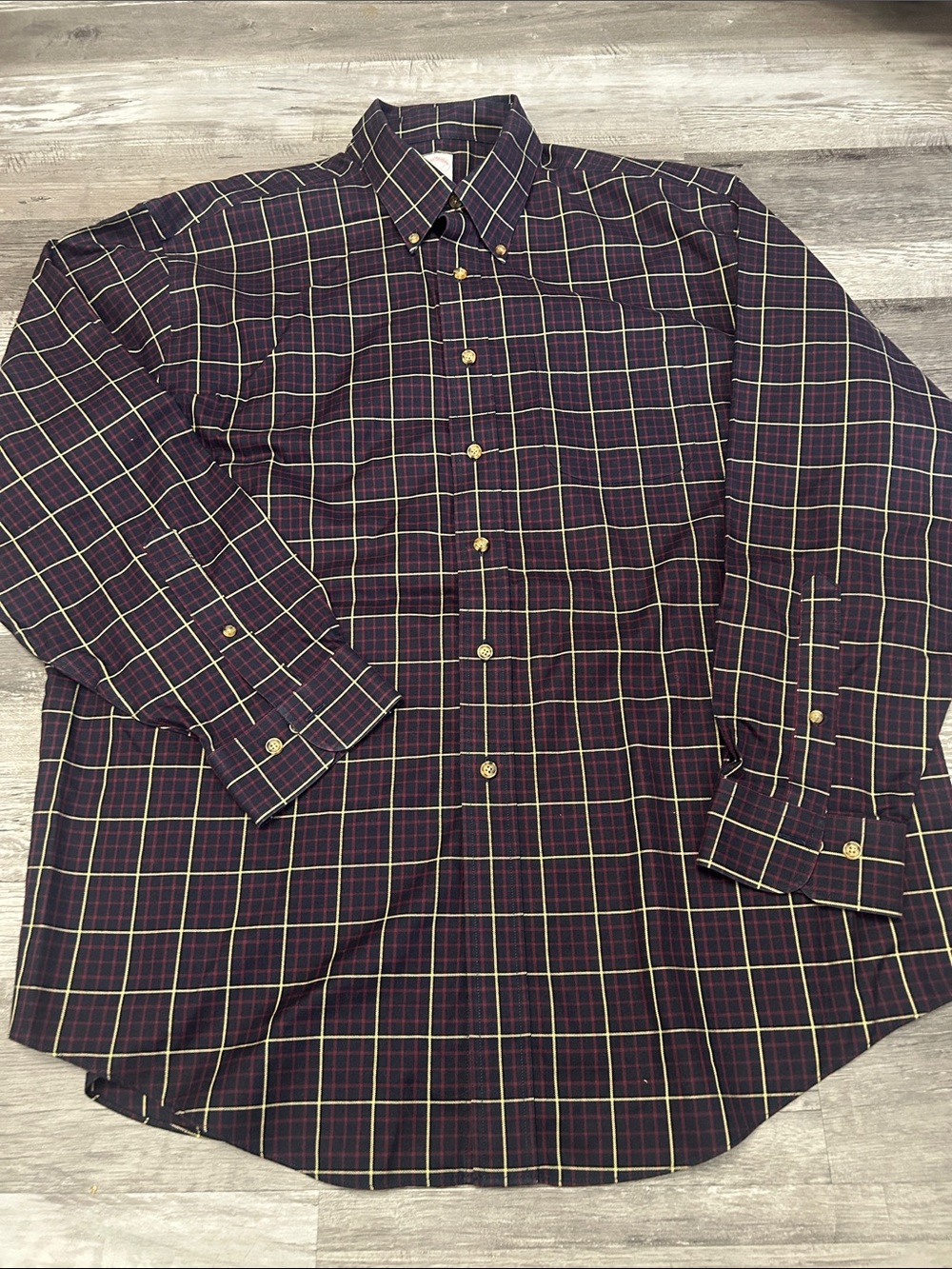 Brooks Brothers Navy, Gold & Red Windowpane Plaid Button-Down Shirt